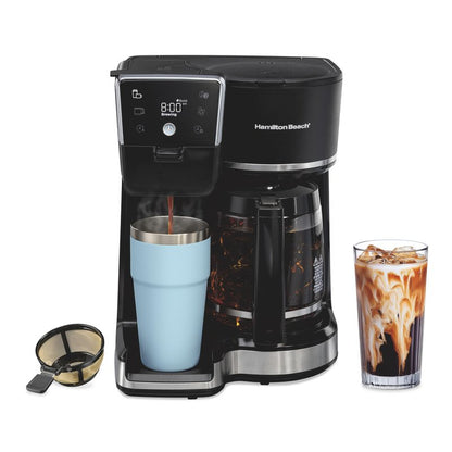 Hamilton Beach 2-Way 12 Cup Programmable Drip Hot and Iced Coffee Maker & Single Serve Coffee Machine, AquaFlow Showerhead, Glass Carafe, Auto Pause and Pour, Black (47500J)