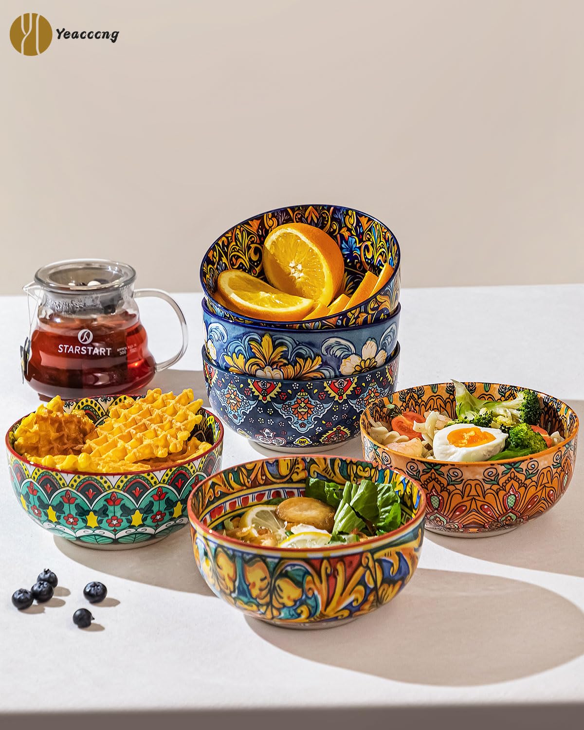 Yeacccng Bohemian Cereal Bowls Set of 6, 5.9 Inch 27 Oz Ceramic Soup Bowls, Microwave Dishwasher Safe, Lead-Free Scratch-Resistant for Oatmeal Pasta Salad, Colorful Boho Bowls