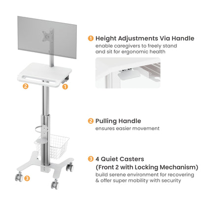 Mount Plus MB-C10 Medical Trolley Cart For Monitor Desktop With Keyboard Table, Basket, Wipe Holder, Scanner Holder For Hospital Clinic Dental Office Home Office | Height Adjustable Mobile Workstation