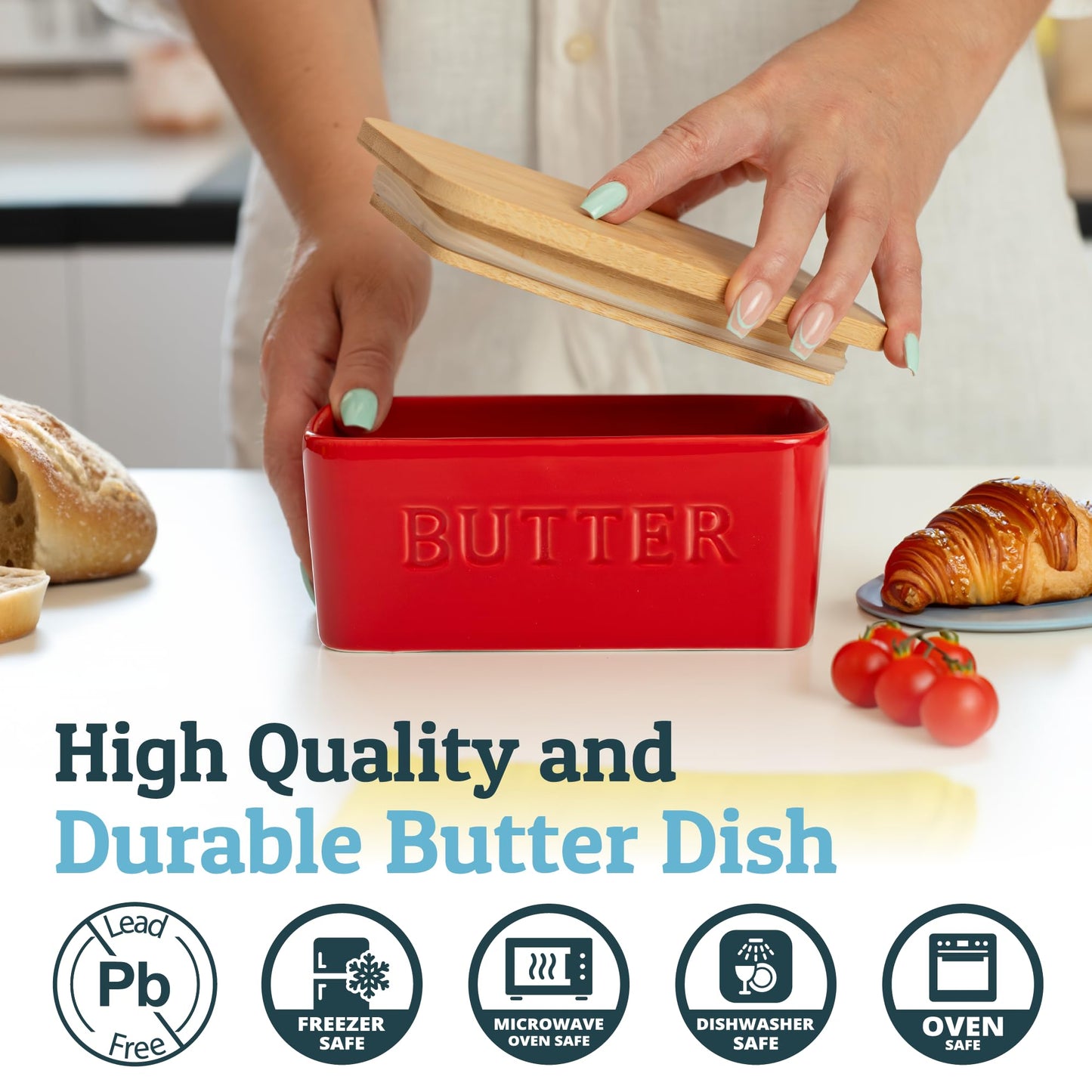 PriorityChef Extra Large Butter Dish with Lid for Countertop, Ceramic Butter Container With Airtight Cover, Butter Keeper for Counter or Fridge, Butter Holder Storage, Red