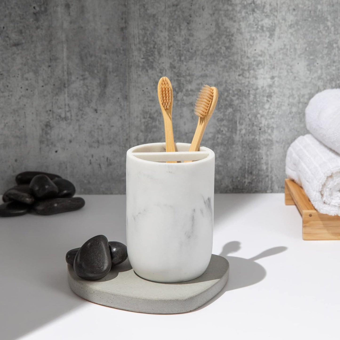 Essentra Home White Marble Toothbrush Holder, Small Toothbrush & Toothpaste Organizer, Blanc Collection