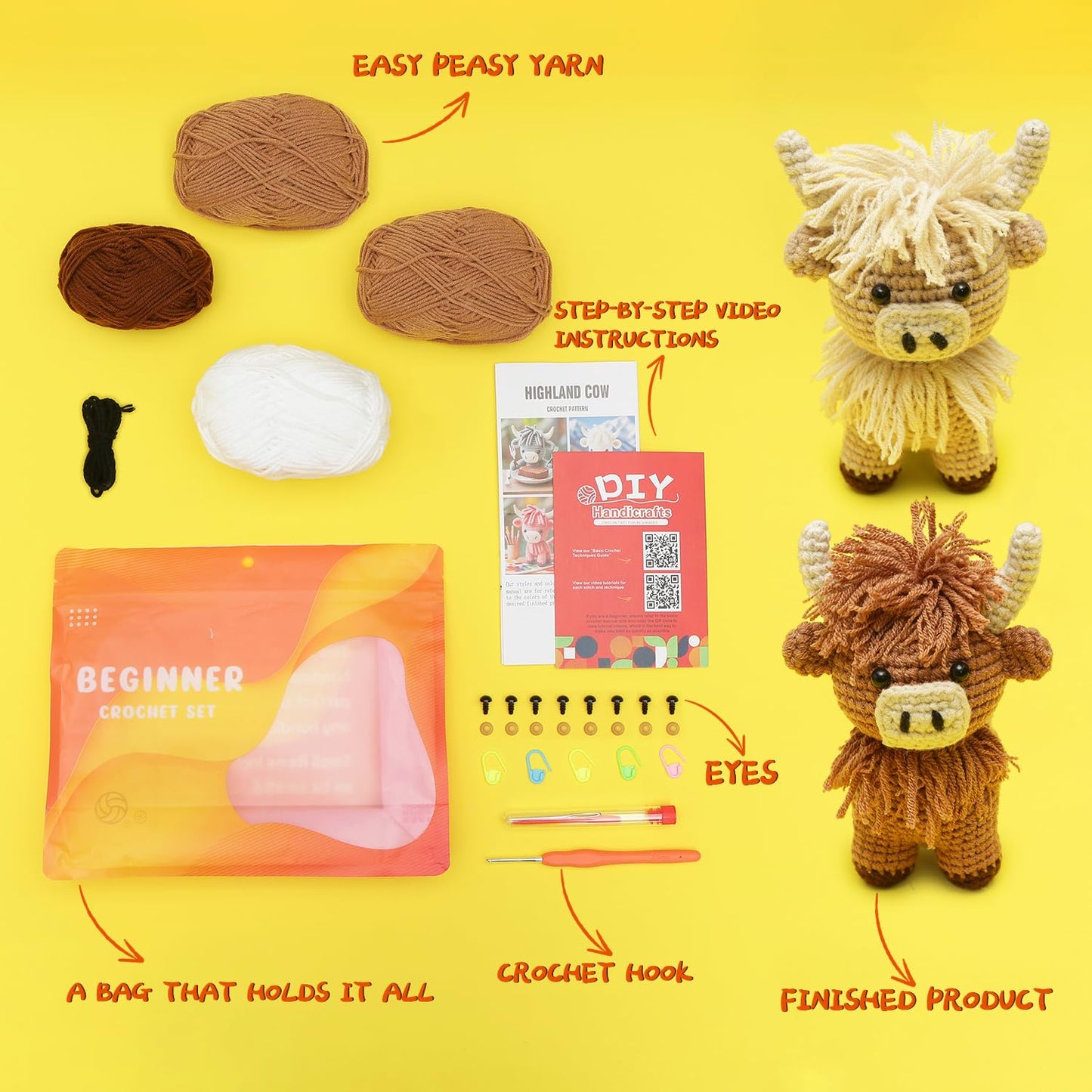 GONELYON Crochet Kit for Beginners, 2 PCS Crochet Animal Kit Highland Cattle, with Step-by-Step Video Tutorials, Beginner Crochet Kit for Adults, DIY Amigurumi Animal Craft Kit