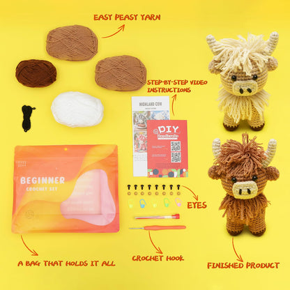 GONELYON Crochet Kit for Beginners, 2 PCS Crochet Animal Kit Highland Cattle, with Step-by-Step Video Tutorials, Beginner Crochet Kit for Adults, DIY Amigurumi Animal Craft Kit
