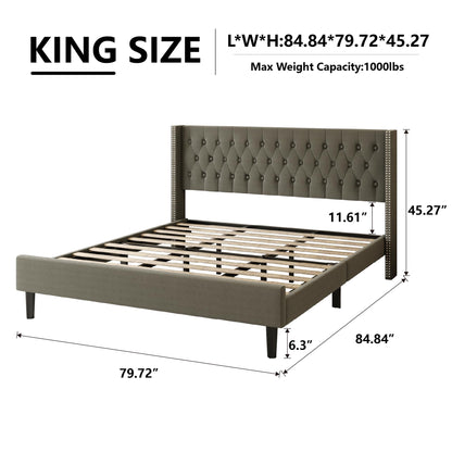 HAOARA King Size Bed Frame, Upholstered Platform Bed with Wingback Headboard, Velvet Button Tufted, Easy Assembly, No Box Spring Needed, Green
