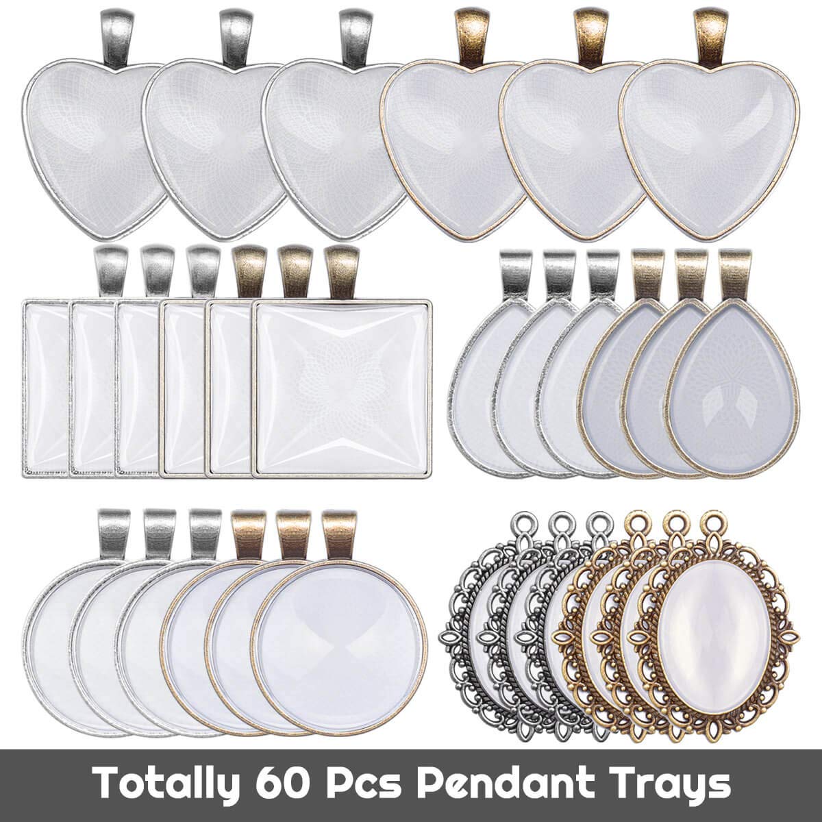 Anezus 60Pcs Pendant Trays, Bezel Pendant Trays Blanks with Glass Cabochons for Pendants Making and Jewelry Making, 5 Styles