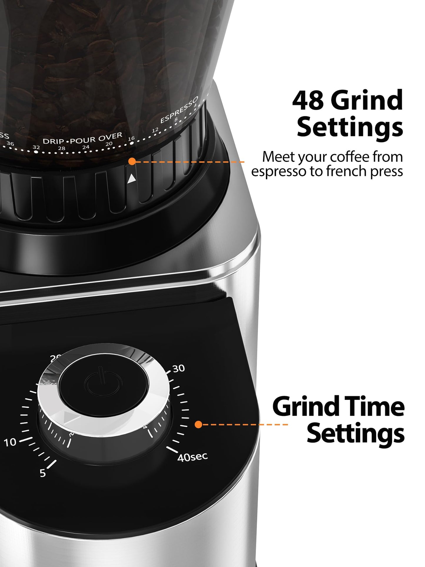 Aromaster Burr Coffee Grinder with 48 Gind Settings, Conical Coffee Bean Grinder for Home Use,Stainless Steel,40 Seconds Adjustable Timer,Anti-static,Easy to Clean with Brush