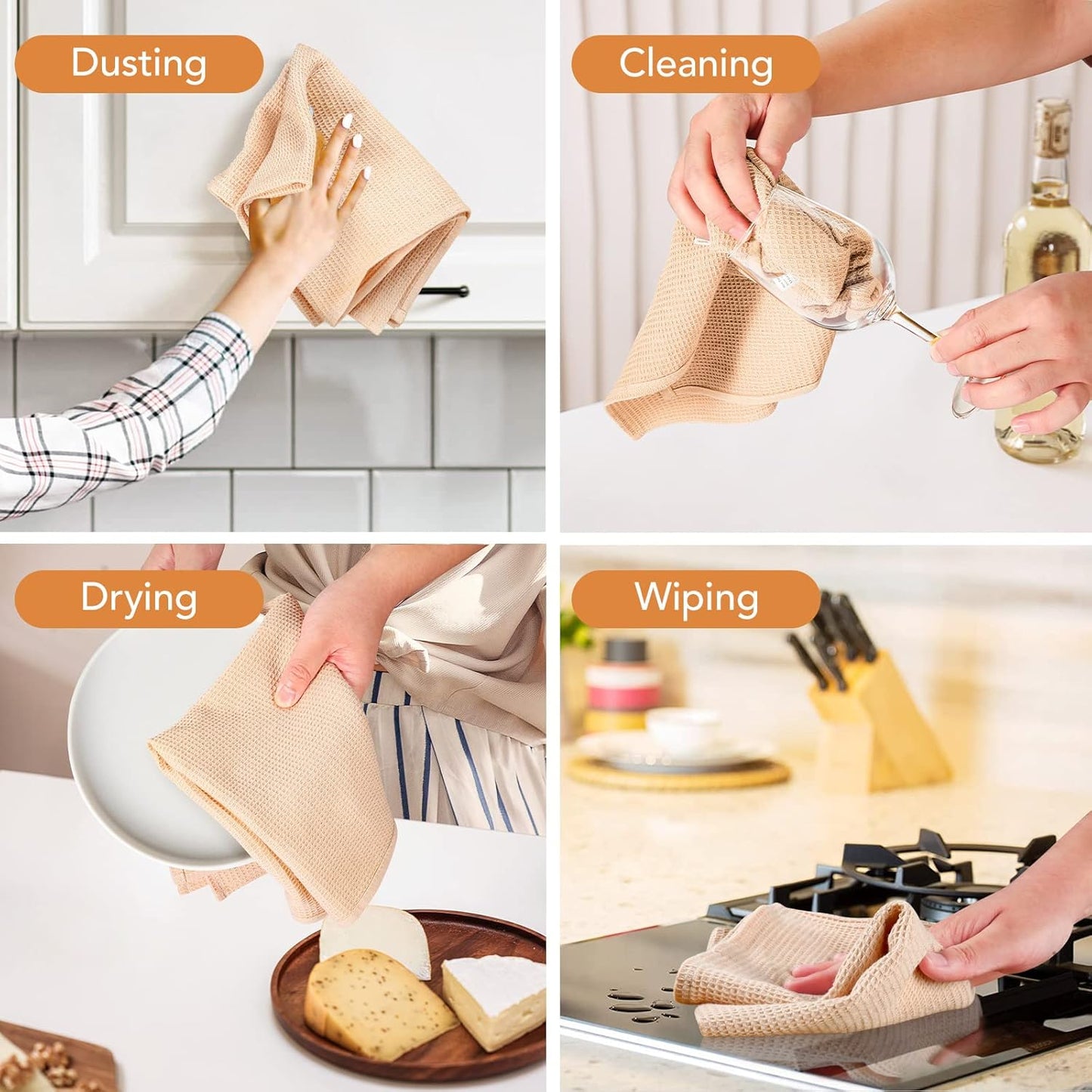 PY HOME & SPORTS 8 Pack Cotton Waffle Weave Kitchen Towels - 17 x 25, Super Absorbent Hand Dish Cloths for Drying and