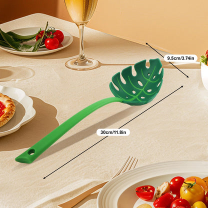 ZYROA Green Leaf Kitchen Spoon, Turtle Back Design for Noodles and Vegetables, Nonstick Cooking Utensil with Drainage Hole, 3 Pack