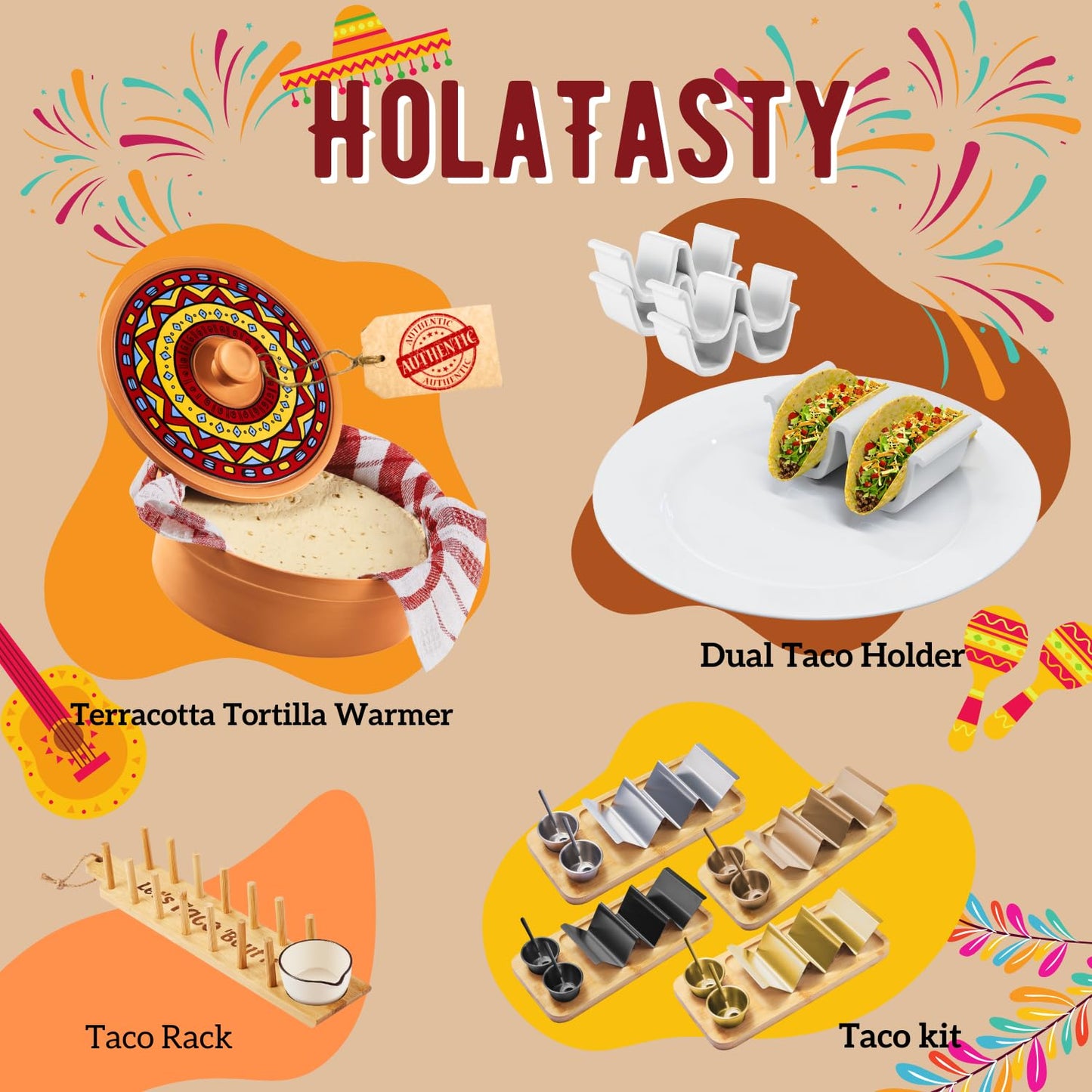 HolaTasty Taco Holder Kit - 2 Pack (Value Pack), 3-in-1 Taco Set of 2-6 slots for Tacos, Fancy Taco Presentation Rack Plate for Taco Tuesday Bar Party, Gifts for Taco Lover Cinco De Mayo Events - Gold