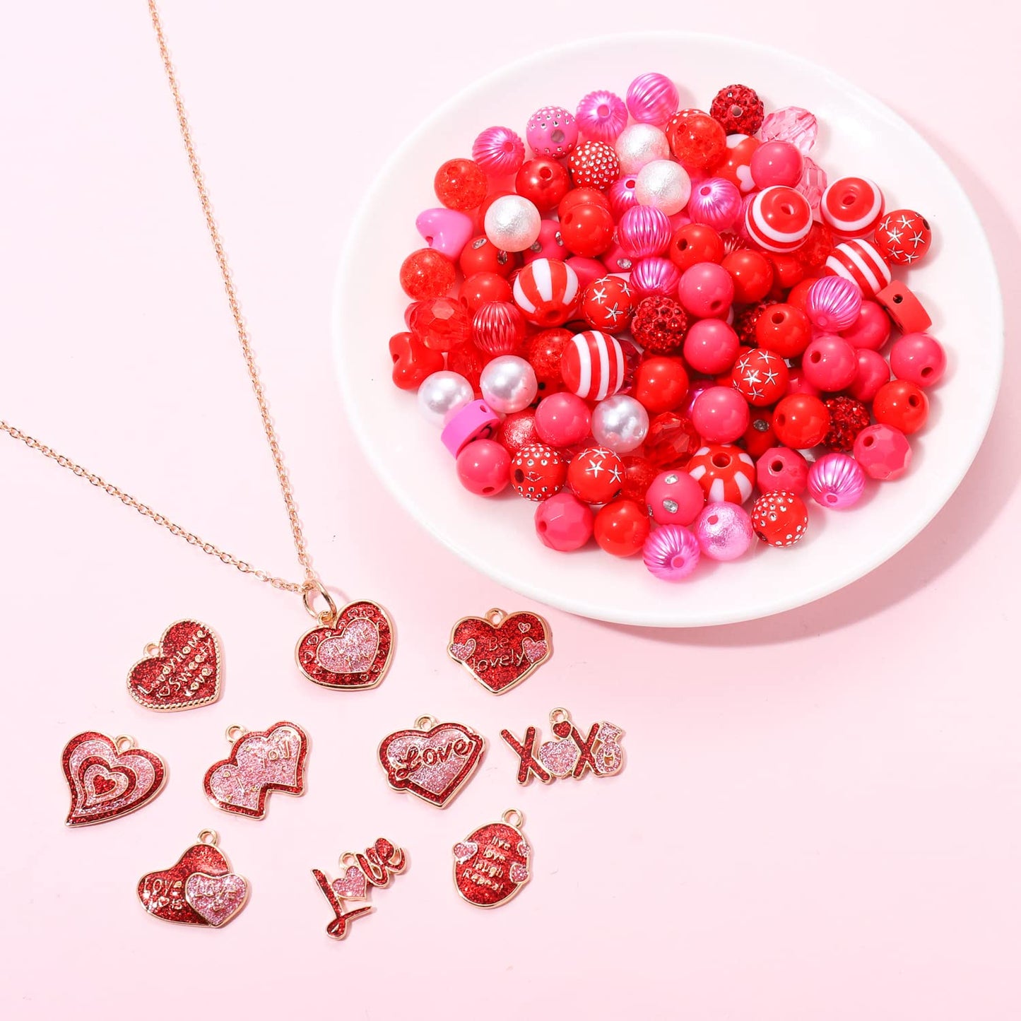 2500PCS+ Valentine’s Day Beads for Jewelry Making, Pink Red Polymer Clay Beads, Assorted Pearl Crystal Heart Bead Letter Spacer Bead and Sweet Heart Charms for Bracelet Necklace Making DIY Crafts