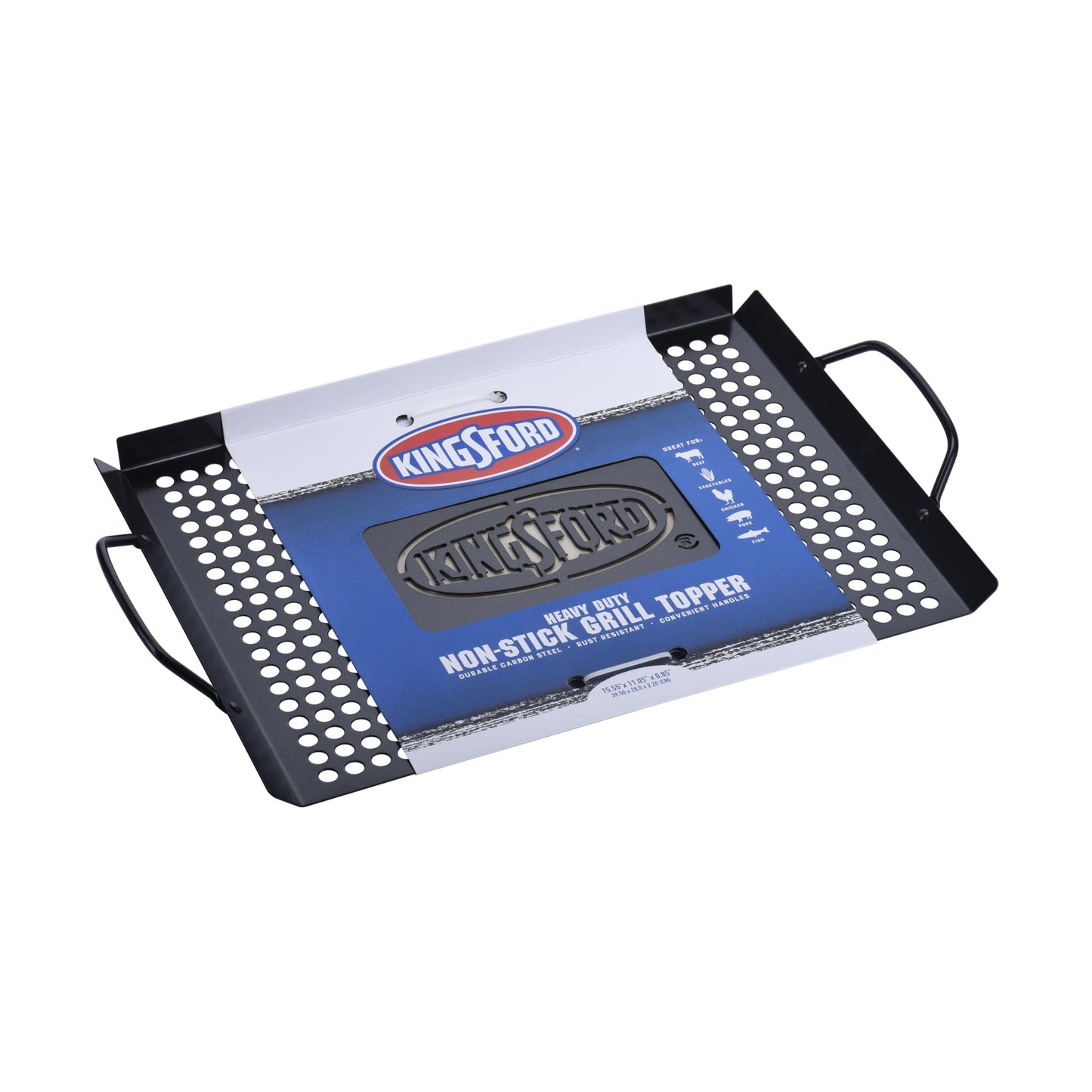 Kingsford Non-Stick Grill Topper Pan, Heavy Duty Carbon Steel BBQ Grilling Tray with Handles, Perforated Surface Helps Keep Small Foods from Falling Through Grates, 15.55 x 11.05 Inch