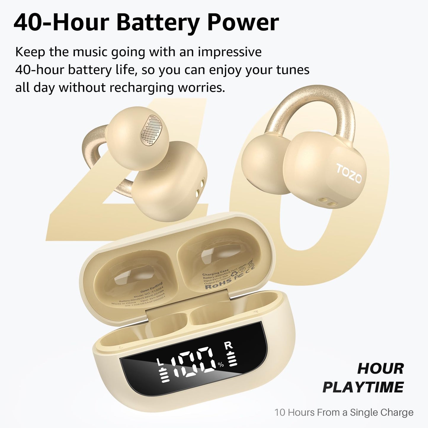 TOZO OpenEarRing True Open Ear Earbuds, Lightweight Comfort Open Ear Clip Wireless Earbuds, 40H Play Bluetooth 5.4 Headphones with Smart Digital Display Design Fit Sports Running, Workout Khaki