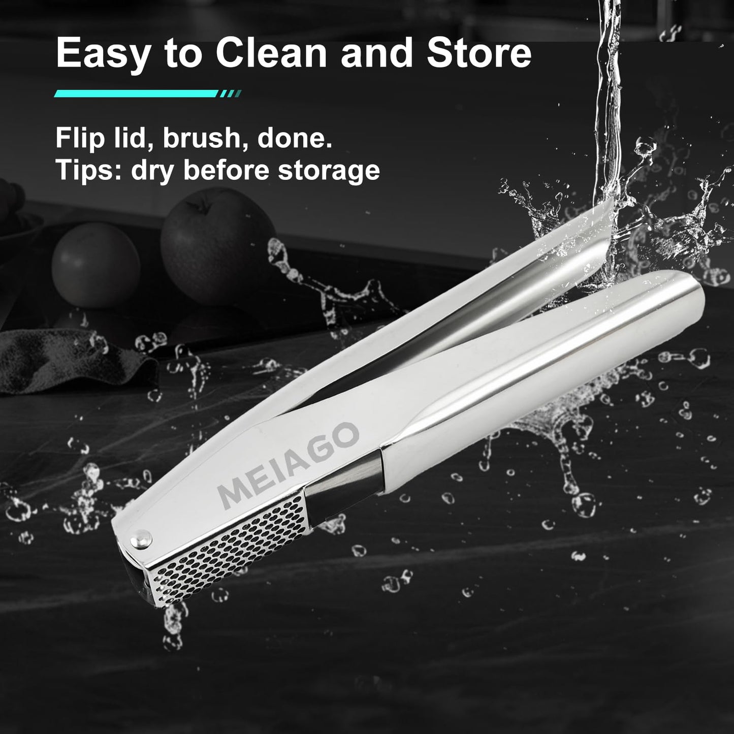MEIAGO Garlic Press, Stainless Steel Garlic & Ginger Crusher, with Built-In Cleaner, Rust Resistant, No Peel, Large Capacity, Easy Clean，Dishwasher Safe，Silver