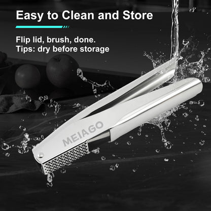MEIAGO Garlic Press, Stainless Steel Garlic & Ginger Crusher, with Built-In Cleaner, Rust Resistant, No Peel, Large Capacity, Easy Clean，Dishwasher Safe，Silver