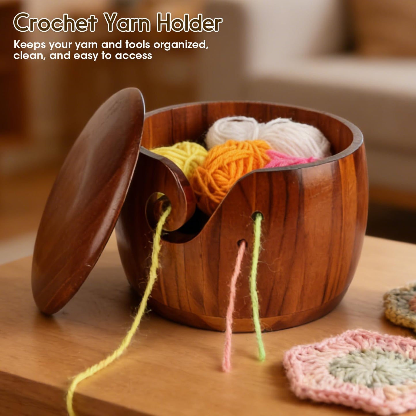 Ziimaikery Large Wood Yarn Bowl with Lid, Crochet Yarn Holder with 7pcs Knitting Hooks, No-Tangle Design, Yarn Storage Crochet Bowl Knitting at Home, Café, Park, Craft Gatherings Rotundity