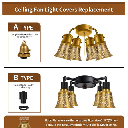 Ceiling Fan Replacement Globes, 4 Pack Chrysanthemum Pattern Fixture Replacement Globes Shades with 1-5/8" Fitter, ALUCSET 4.5" Height 4-3/4" Diameter, Metal Cover for Pendant Lamp-Yellow Brass&Gold