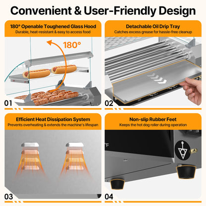 Seeutek Hot Dog Roller 5 Rollers 18 Hot Dogs Capacity 1100W Stainless Hot Dog Toaster, Hot Dog Machine W/Dual Temperature Control Glass Hood Acrylic Cover Warmer Shelf Removable Oil Drip Tray