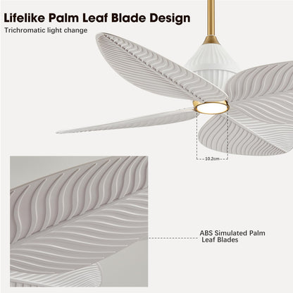 LVYEAYOU 52" Tropical Ceiling Fans with Lights, Indoor Palm Leaf Ceiling Fan with Light and Remote for Living Room Bedroom, ABS Blades, Dimmable LED Lights, 6 Speeds, Adjustable Height-White Gold