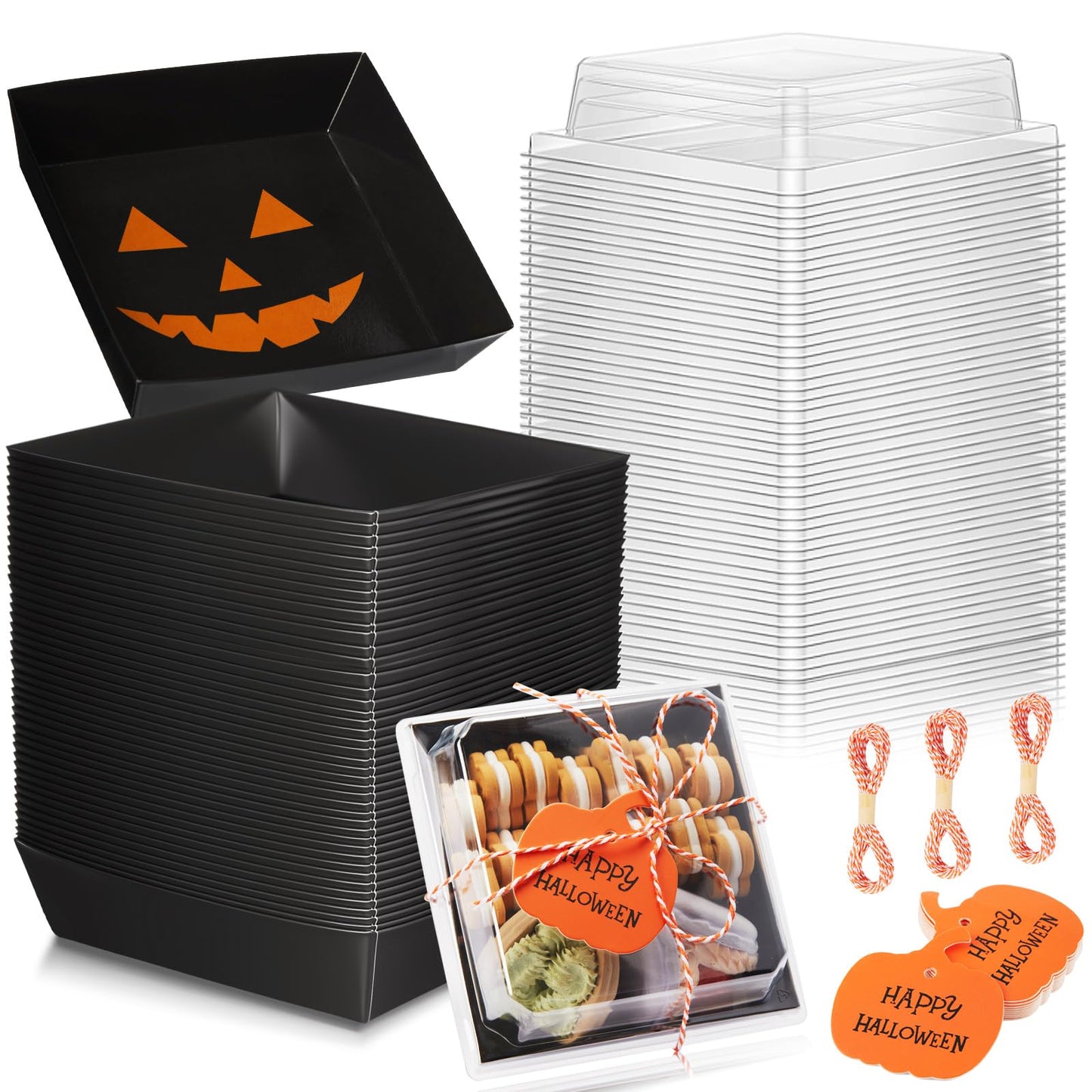Yaomiao 50 Pcs Halloween Pumpkin Charcuterie Boxes with Clear Lid Rope Card 5.3 Inch Square Disposable Paper Food Containers Bakery Dessert Treat Boxes for Cake Cookie Sandwich Halloween Party Favor