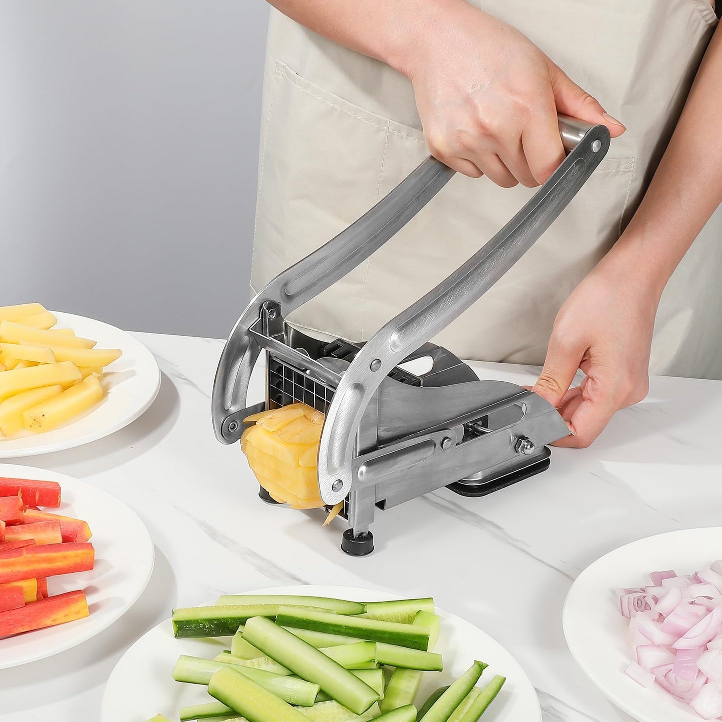 QBGSFSYG Stainless Steel Potato Slicer & French Fry Cutter - 2 Blades (1/2" & 1/3") for Homemade Fries, Non-Slip Suction Base, Easy Chip & Sweet Potato Maker (Silver)