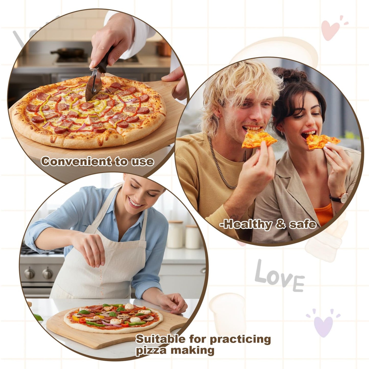 Afcabakila 2 Pcs Bamboo Pizza Paddle, 12 Inch Wooden Pizza Peel with Non-slip Handle for Oven Baking, Serving Board for Baking Homemade, Wood Cutting Board for Cheese Bread Fruit Vegetables