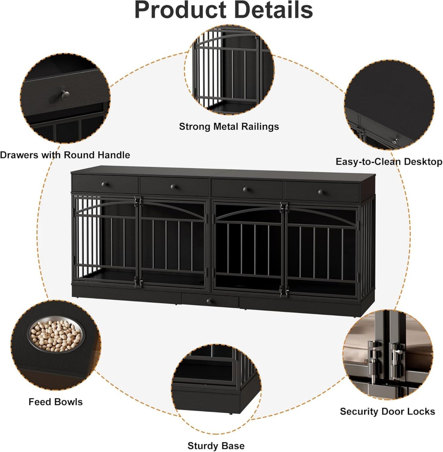 GAOMON Dog Crate Furniture for 2 Dogs, 78.7'' Large Dog Kennel Indoor with 4 Storage Drawers and Feeding Bowls, Double Dog Crate TV Stand for Small and Medium Dogs, Black