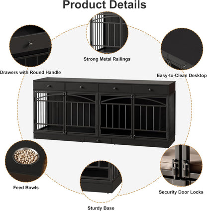 GAOMON Dog Crate Furniture for 2 Dogs, 78.7'' Large Dog Kennel Indoor with 4 Storage Drawers and Feeding Bowls, Double Dog Crate TV Stand for Small and Medium Dogs, Black