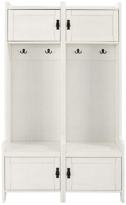 Crosley Furniture Fremont 2-Piece Hall Tree Entryway Set with Storage Cabinets and Coat Rack Hooks, Distressed White