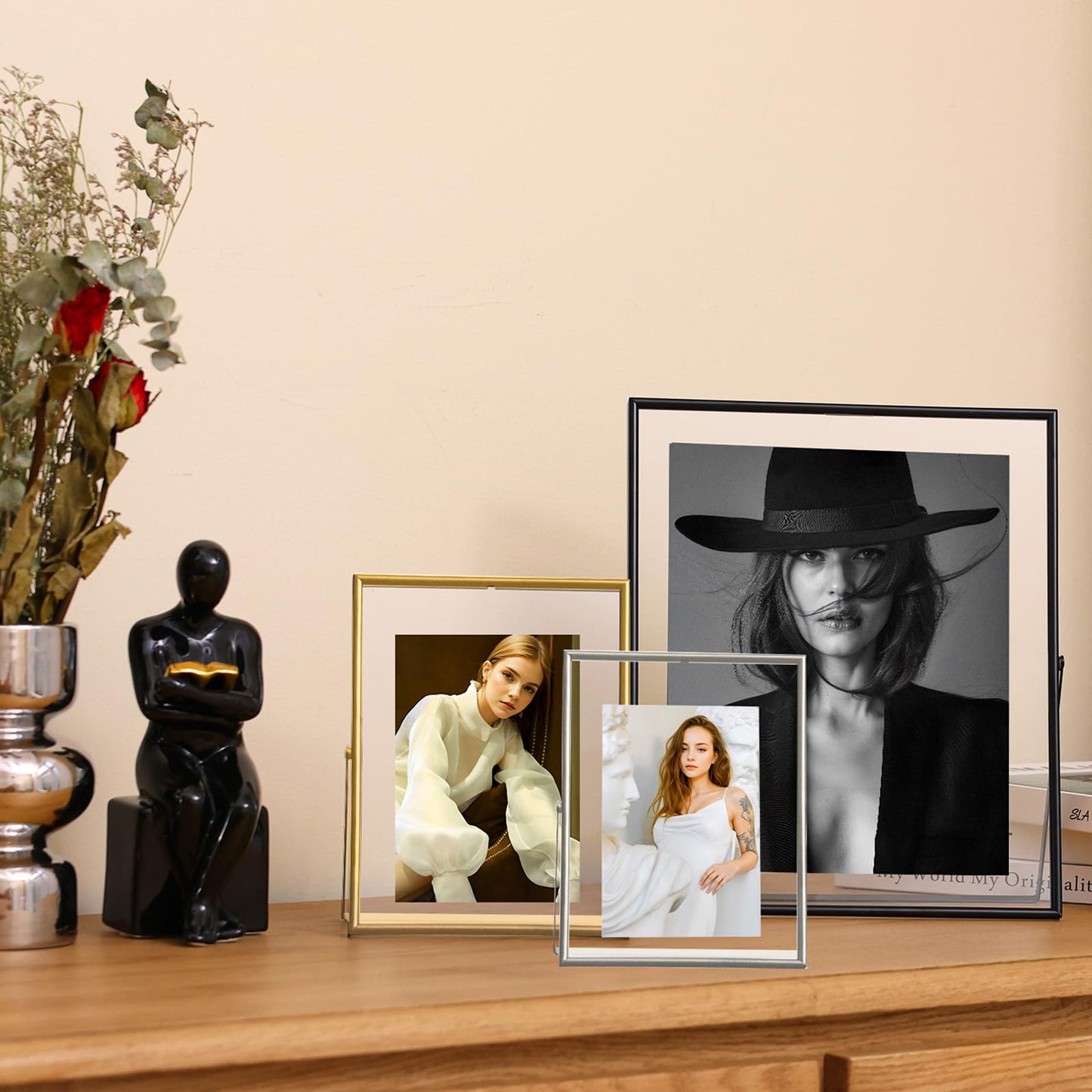IZIDDO 5x7 Gold Floating Frame, 6"x8" Metal Frame For Picture 5x7,4x6,3.5x5 Wall Mount or Tabletop Shelf Photo Frames, Double Sided Display Picture Frame Acrylic Sign Holder for Wedding,Office Decor