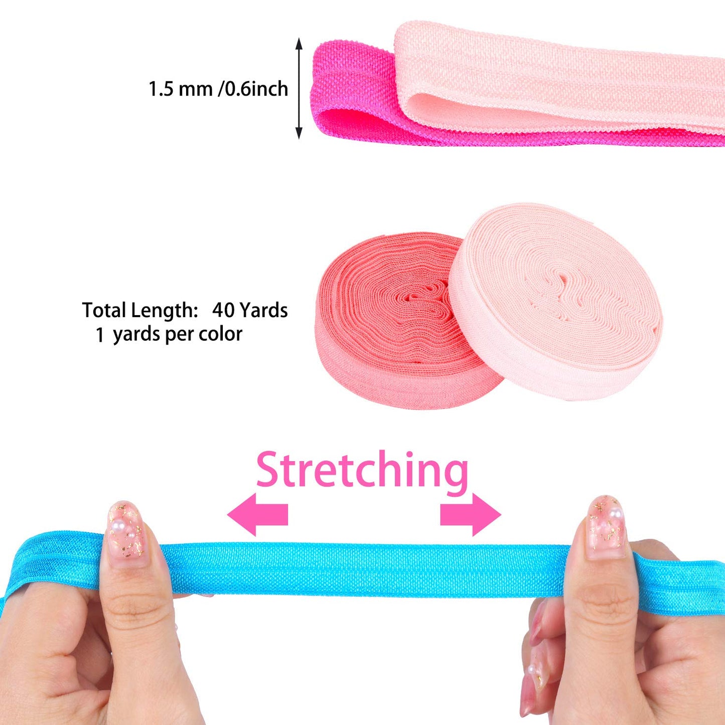 WILLBOND 40 Yards Fold over Elastic Solid Color Trim Elastic 40 Colors Ribbon Sewing Stretch Ribbon Band for Hair Bow DIY Craft Hair Ties Headbands(Multicolor)