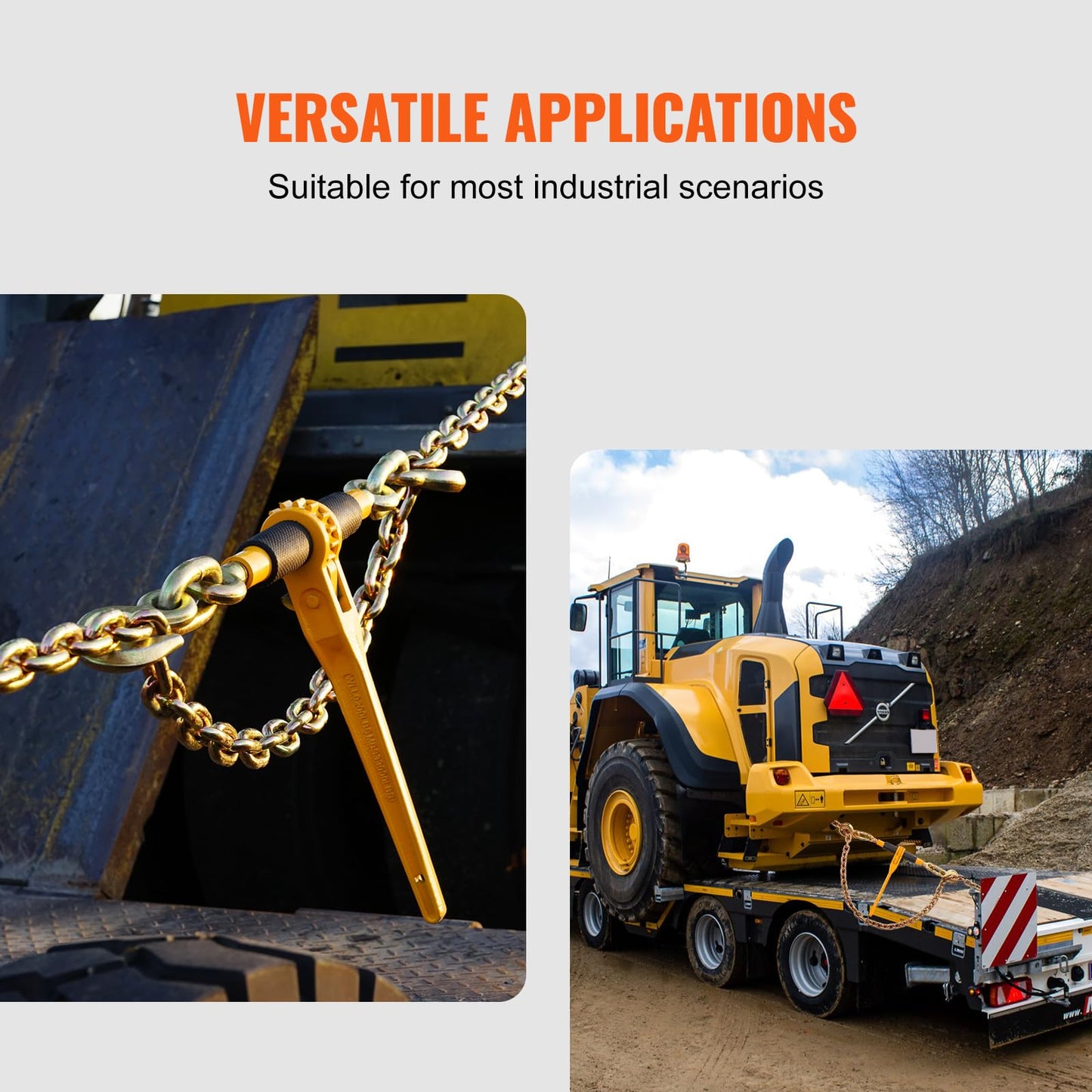 VEVOR Chain and Binder Kit, 3/8"-1/2" Ratchet Load Binders 9200 lbs Working Load Limit, 3/8" x 10' G80 Chains with Grab Hooks, Ratchet Binders and Chains for Truck, Tie Down, Hauling, Towing, 2 Set