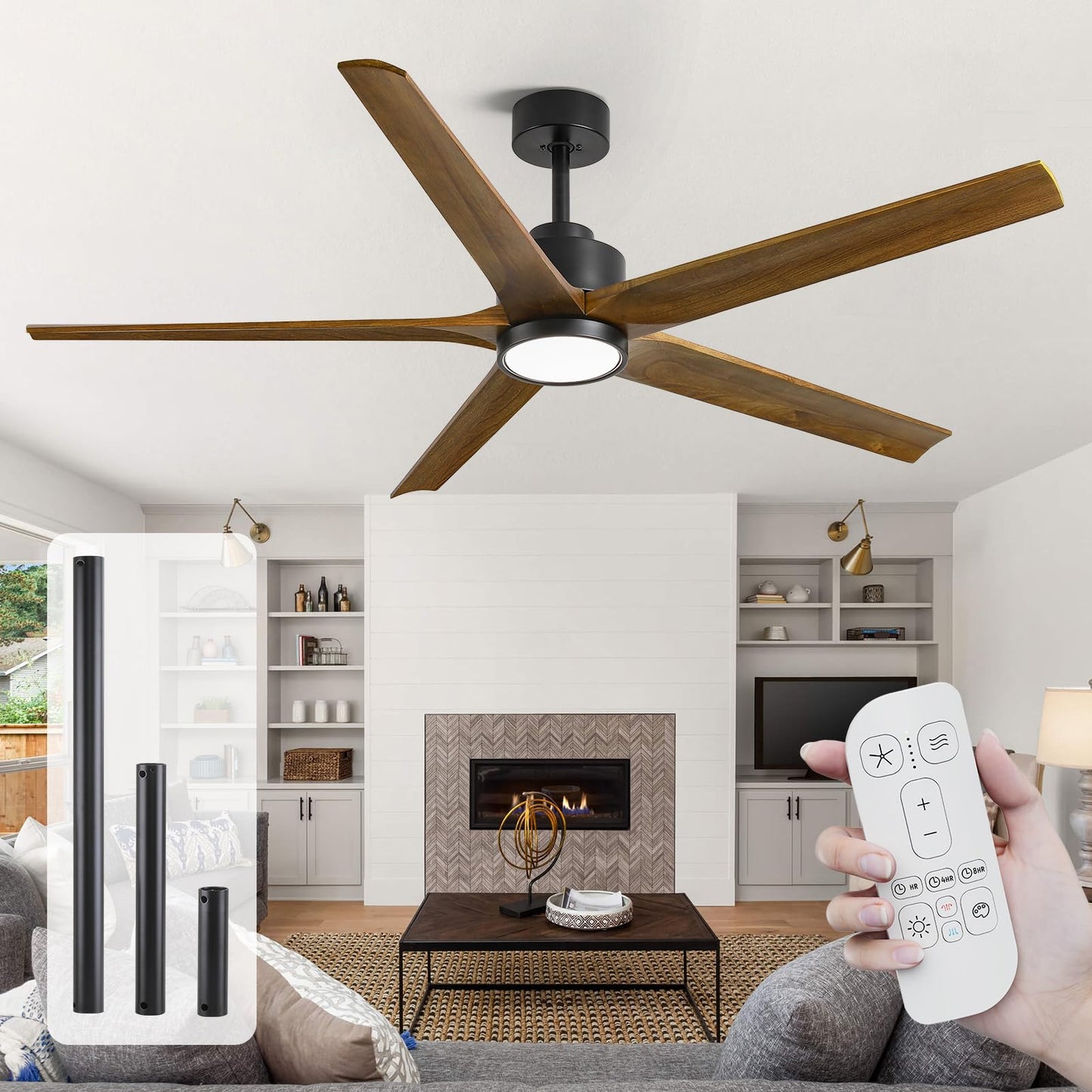 60 Inch Ceiling Fan with Lights, Outdoor Wood Silent Ceiling Fans, Modern High CFM Farmhouse Ceiling Fans, Quiet Reversible DC Motor, 5 Blades 6 Speed for Bedroom Living Room Exterior Patios