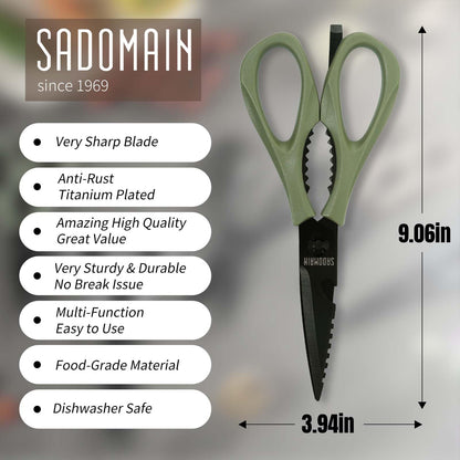 SADOMAIN Kitchen Scissors All Purpose, Extra Sharp Kitchen Shears with Knife Sharpener & Sheath, Solid & Durable Stainless Steel Scissors with ANTI-RUST Black Titanium Plated, Dishwasher Safe - Green