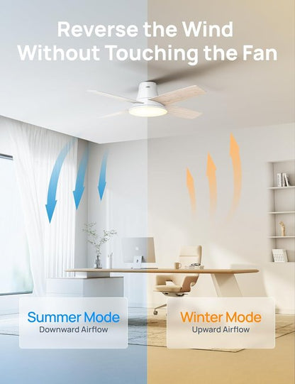 DREO Smart Ceiling Fan - 12 Speeds & 3 Modes - Quiet DC Motor, Dimmable LED, Remote Control - 44'' White