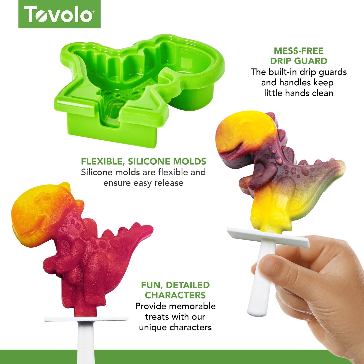 Tovolo Dinosaur Popsicle Molds for Kids Pack of 4 Dino Ice Pop Molds with Sticks, Stackable Popsicle Molds or Toddlers, BPA Free Silicone Fun Frozen Ice Popsicle Molds with Drip Guards