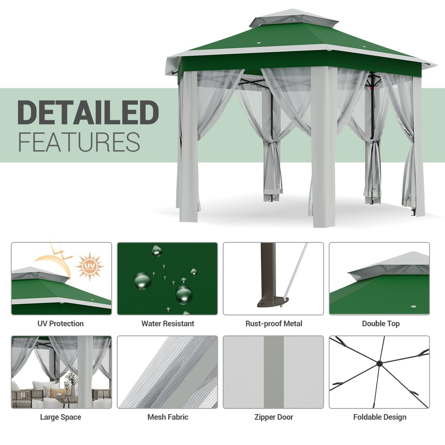 Patikuin Hexagonal Pop-Up Gazebo Tent 13x13 FT – Double Vent Roof, Mosquito Netting, UV & Water Resistant, Adjustable Height, Portable Canopy with Carry Bag for Patio, Backyard, Lawn Parties – Green