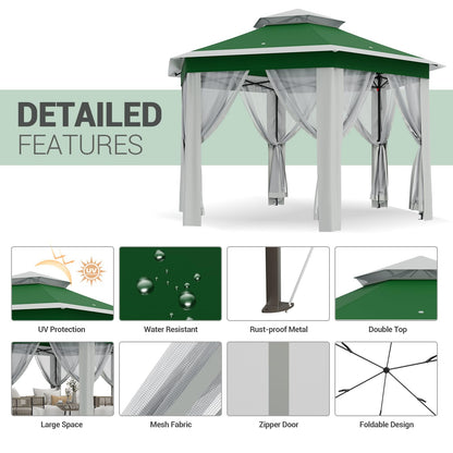 Patikuin Hexagonal Pop-Up Gazebo Tent 13x13 FT – Double Vent Roof, Mosquito Netting, UV & Water Resistant, Adjustable Height, Portable Canopy with Carry Bag for Patio, Backyard, Lawn Parties – Green
