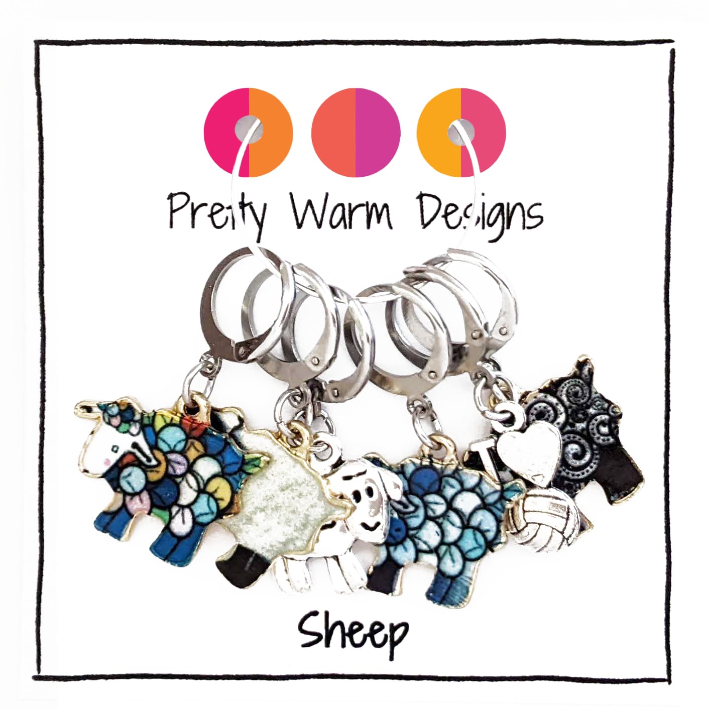 Pretty Warm Designs Sheep Crochet Stitch Markers - Set of 6 Locking Progress Keepers for Amigurumi, Knitting & Fiber Arts - Handmade Yarn Charms in Storage Tin
