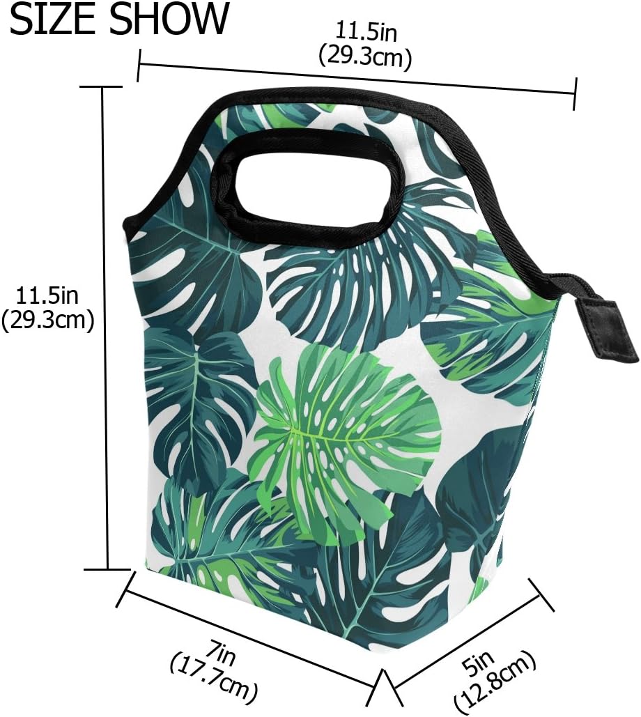 Neoprene Lunch Bag Tote, Insulated Food Container with Tropical Palm Leaves Decor for School or Work