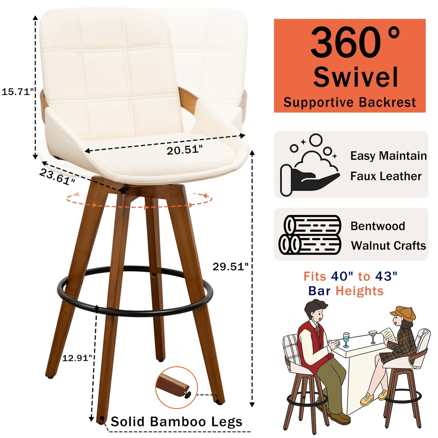 Mid Century Modern Swivel Bar Stools Set of 2, 29” Bar Height, Upholstered Faux Leather Seat with Curved Bentwood Back & Arms, Solid Bamboo Legs with Walnut Finish, Kitchen Island Bar Chairs, Beige