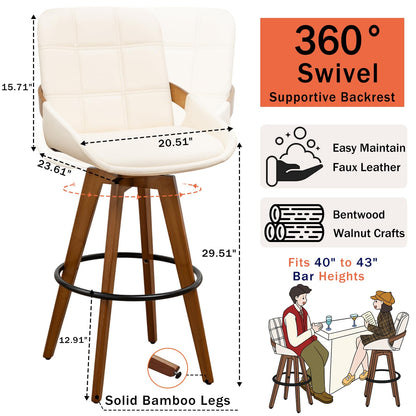 Mid Century Modern Swivel Bar Stools Set of 2, 29” Bar Height, Upholstered Faux Leather Seat with Curved Bentwood Back & Arms, Solid Bamboo Legs with Walnut Finish, Kitchen Island Bar Chairs, Beige