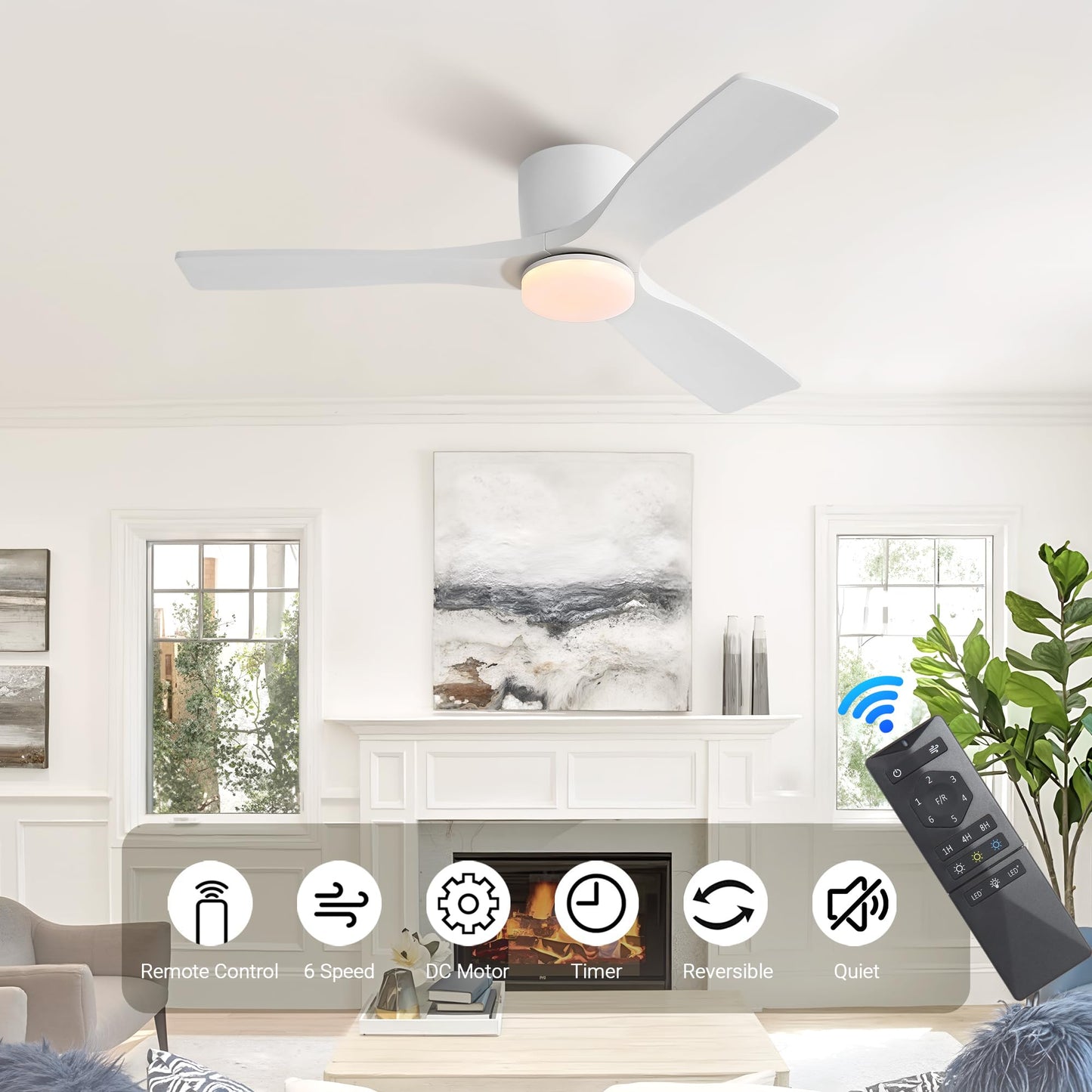 LEDLUX 48" Ceiling Fan with Light - Low Profile Flush Mount Ceiling Fan, Dimmable Light, 6-Speed DC Motor Remote Control, 3 Solid Wood, White, for Bedroom, Living Room, Porch
