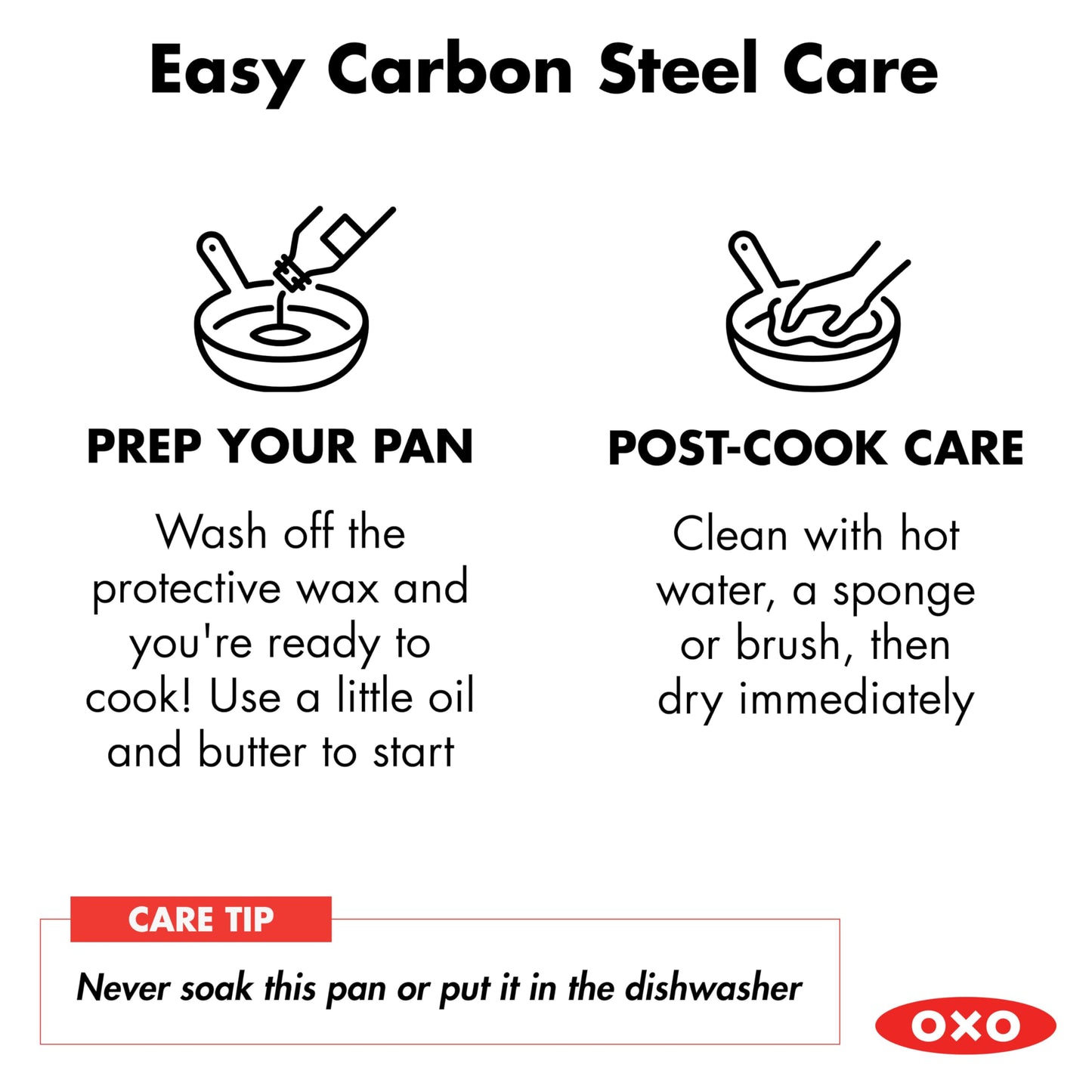 OXO Obsidian Pre-Seasoned Carbon Steel, 8" Frying Pan Skillet with Removable Silicone Handle Holder, Induction, Oven Safe, 1.8 Liters, Black