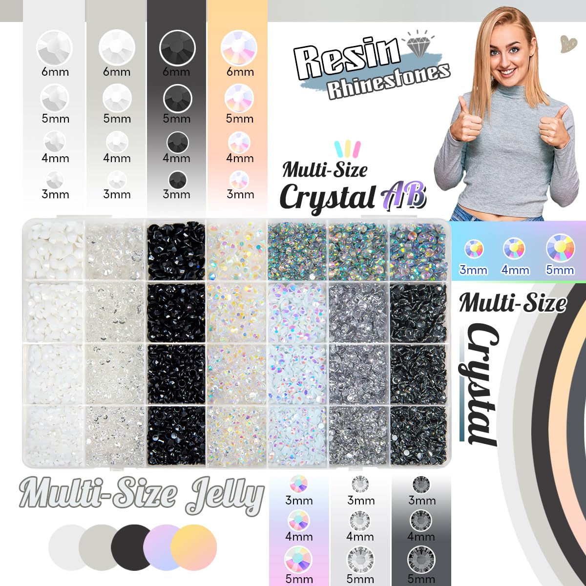 qiipii 28 Types Black White Silver Clear Jelly Resin Rhinestones w B7000 Glue for Bedazzling Crafting 3-6mm Flatback Stones Gems Diamonds Crystals for Face Makeup Crafts Tumblers Bottles Clothes Shoes