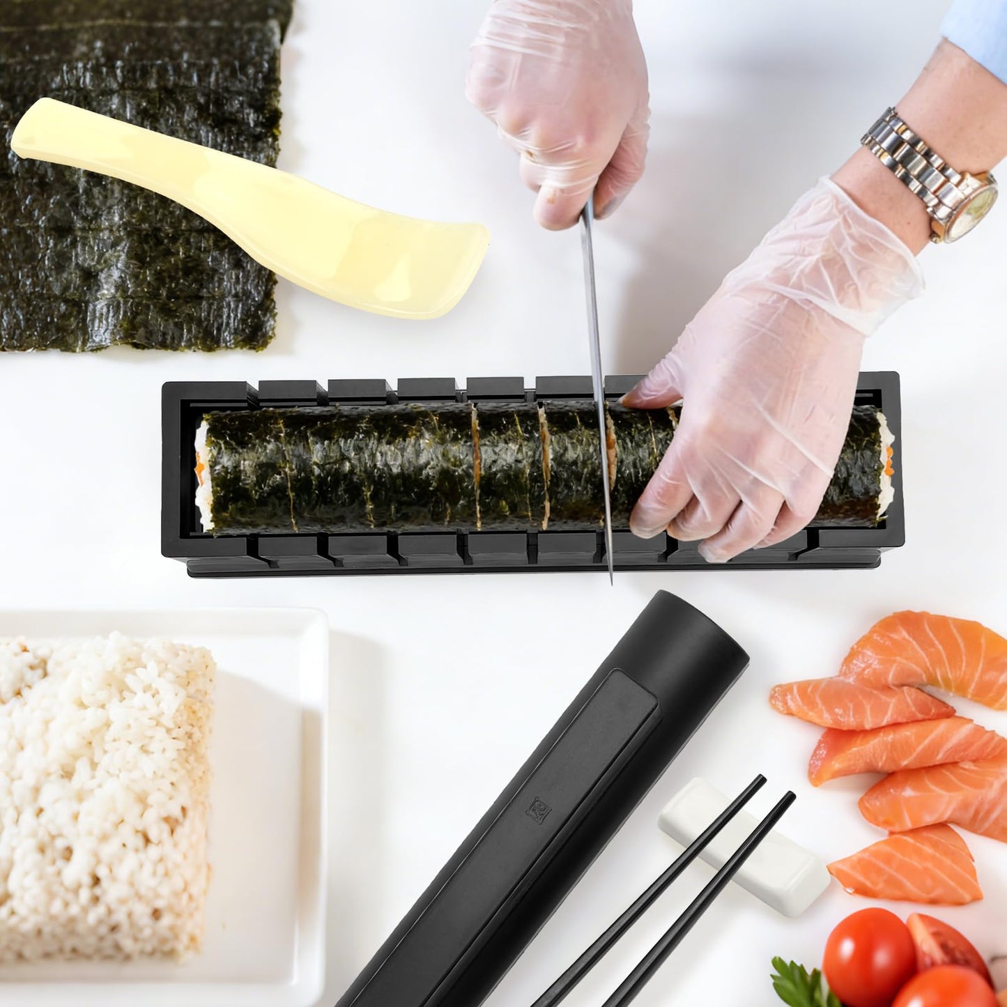 Sushi Making Kit, Sushi Maker 4-in-1 Rice Ball Mold Shapes with Press Mold, Chopsticks, Ceramic Dishes, Spoon