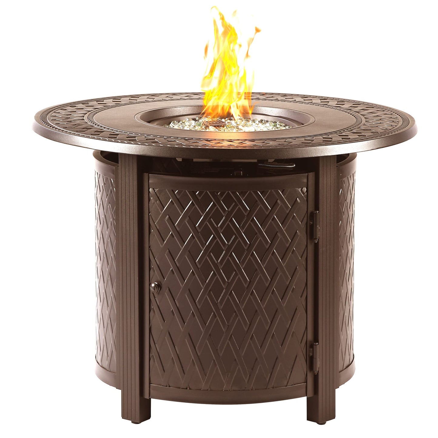 Oakland Living Round 34 in. x 34 in. Aluminum Propane Fire Pit Table with Glass Beads, Two Covers, Lid, 37,000 BTUs in Brown Finish