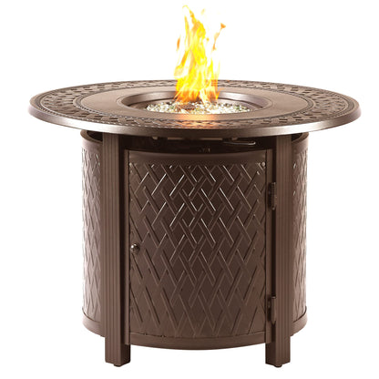 Oakland Living Round 34 in. x 34 in. Aluminum Propane Fire Pit Table with Glass Beads, Two Covers, Lid, 37,000 BTUs in Brown Finish