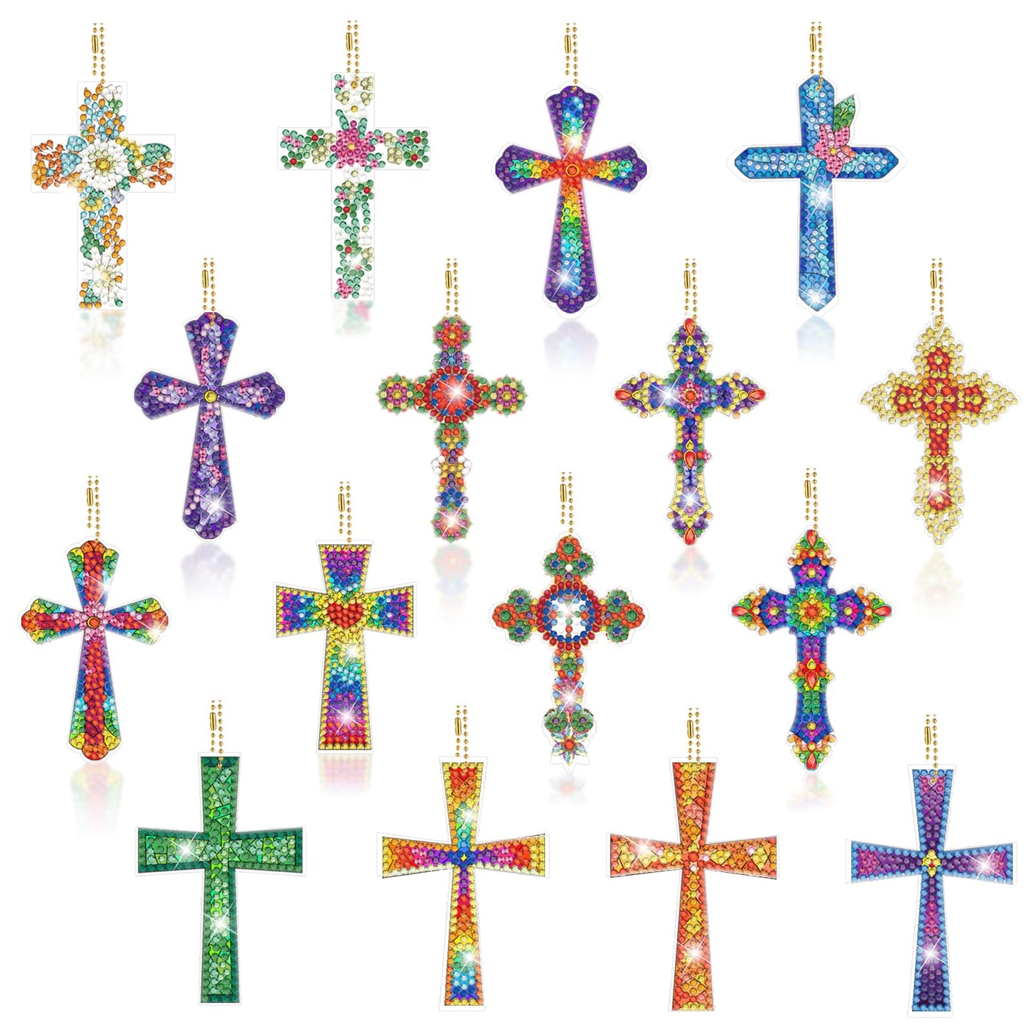 YUE ZHE 16PCS Cross Diamond Art Kits for Adults Double Sided Easter Diamond Art Keychains Cross Shaped DIY 5D Easter Diamond Painting Keychains Kits for Adults Beginners DIY Crafts