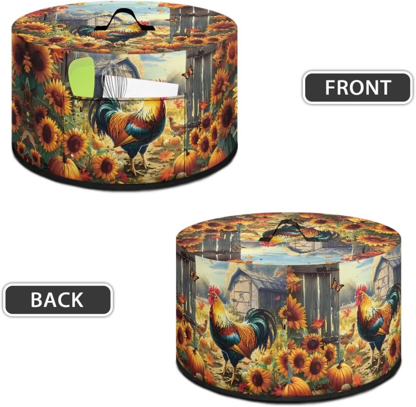 Slow Cooker Dust Cover with Oval Rooster Sunflowers Print, Fits 6-8 Quart Slow Cooker, Pocket Included