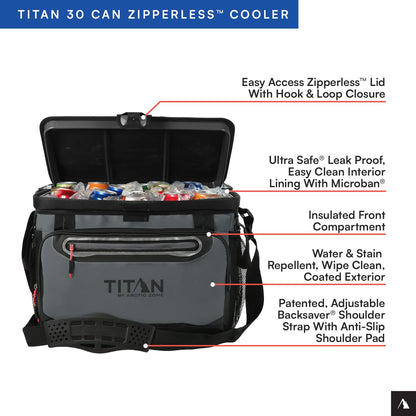 Titan by Arctic Zone Zipperless Soft Sided Cooler with HardBody Liner and SmartShelf, Insulated Bag with Shoulder Strap and Bottle Opener for Beach, Picnic, and Travel, 30 Can Capacity, Sharkskin Gray